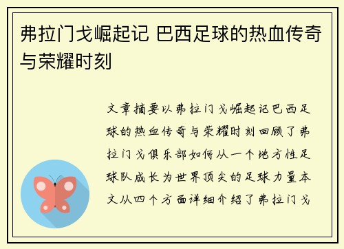 弗拉门戈崛起记 巴西足球的热血传奇与荣耀时刻